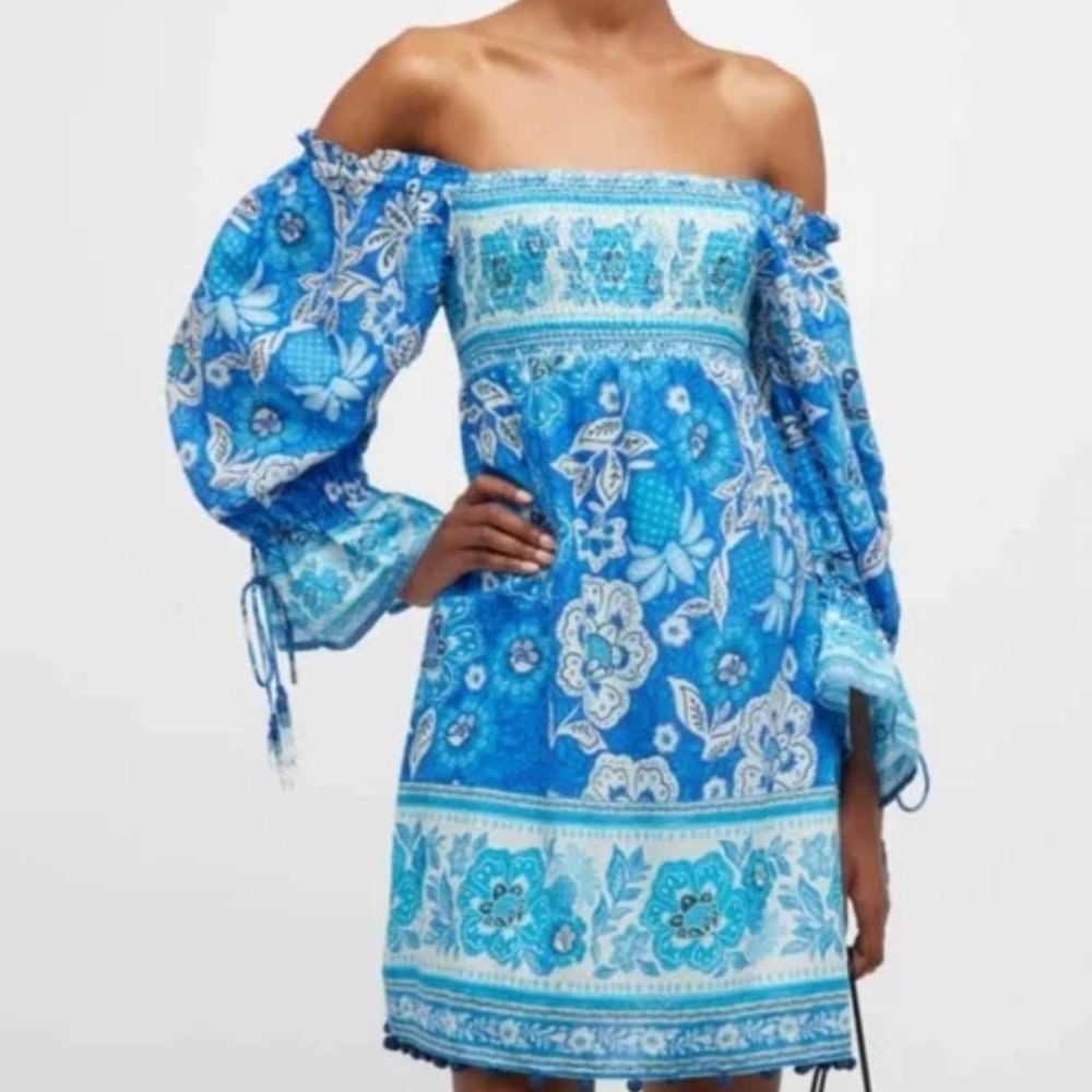 FARM Rio Blue Floral Off-Shoulder Mini Dress
